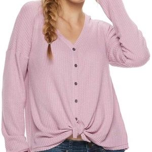 Mudd Pink Waffle-Knit Button Front Long Sleeve